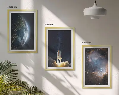Three-piece wall art set featuring a space earth rocket and galaxy design