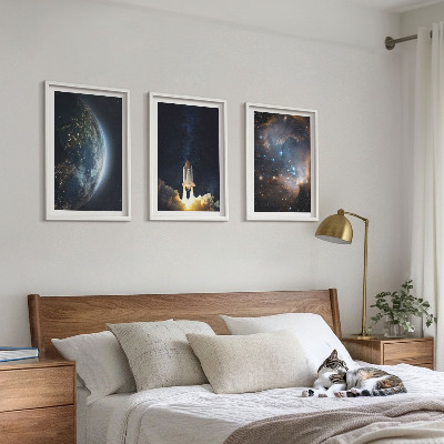 Three-piece wall art piece Space Earth rocket galaxy