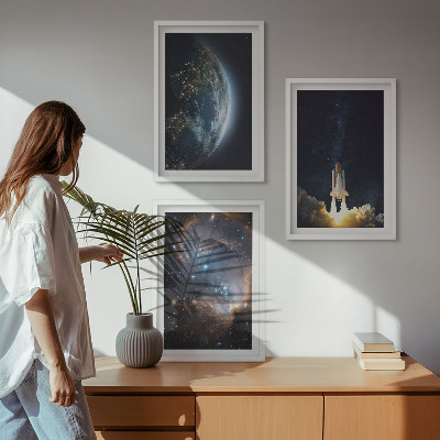 Three-piece wall art piece Space Earth rocket galaxy