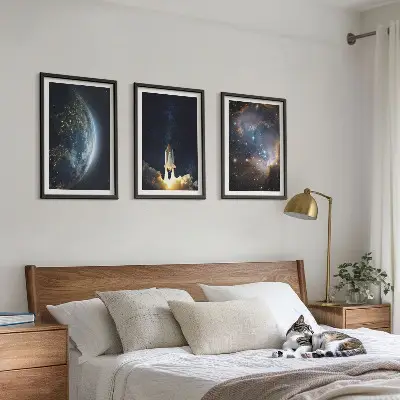 Three-piece wall art set featuring a space earth rocket and galaxy design