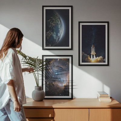 Three-piece wall art piece Space Earth rocket galaxy