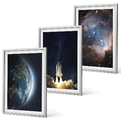 Three-piece wall art set featuring a space earth rocket and galaxy design