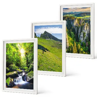 Set of 3 framed wall art pieces green mountains, waterfall, and forest theme