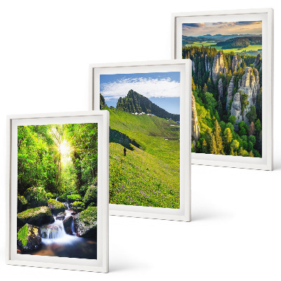 Set of 3 framed wall art pieces Green mountains waterfall forest
