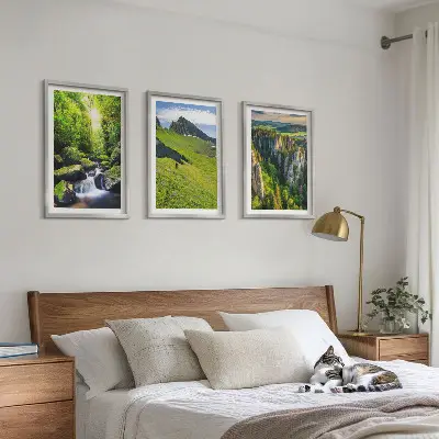 Set of 3 framed wall art pieces green mountains, waterfall, and forest theme