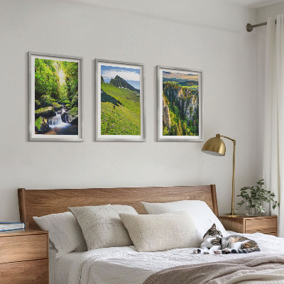 Set of 3 framed wall art pieces Green mountains waterfall forest