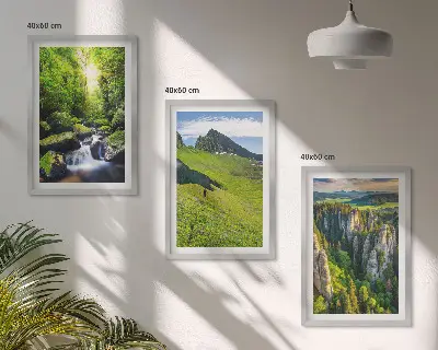 Set of 3 framed wall art pieces green mountains, waterfall, and forest theme