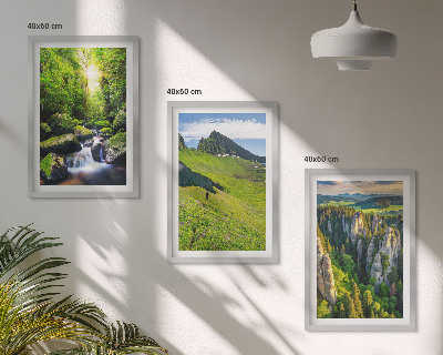 Set of 3 framed wall art pieces Green mountains waterfall forest