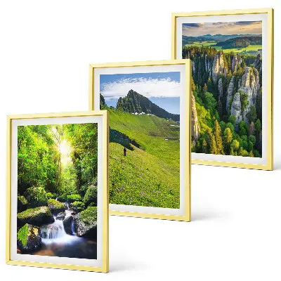 Set of 3 framed wall art pieces green mountains, waterfall, and forest theme