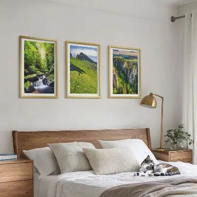 Set of 3 framed wall art pieces green mountains, waterfall, and forest theme