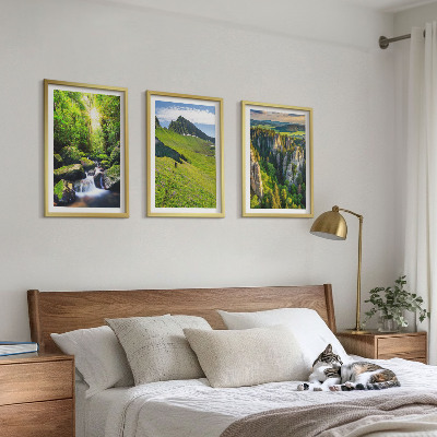 Set of 3 framed wall art pieces Green mountains waterfall forest