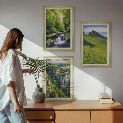 Set of 3 framed wall art pieces green mountains, waterfall, and forest theme