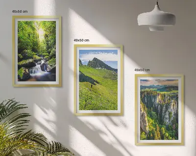 Set of 3 framed wall art pieces green mountains, waterfall, and forest theme