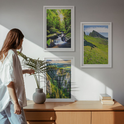 Set of 3 framed wall art pieces Green mountains waterfall forest