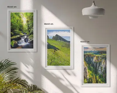 Set of 3 framed wall art pieces green mountains, waterfall, and forest theme