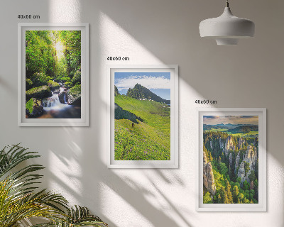 Set of 3 framed wall art pieces Green mountains waterfall forest