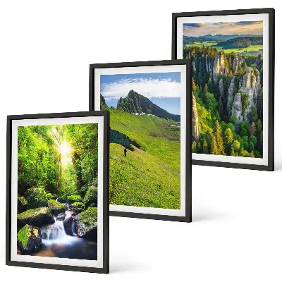 Set of 3 framed wall art pieces green mountains, waterfall, and forest theme