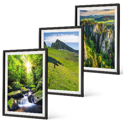 Set of 3 framed wall art pieces Green mountains waterfall forest