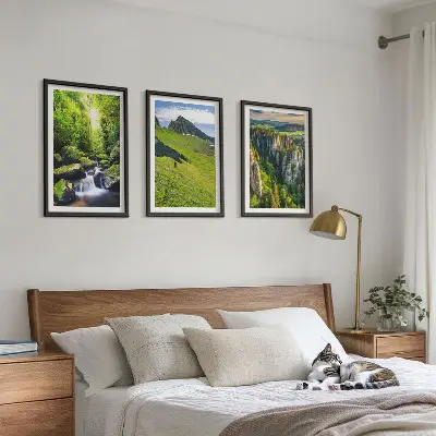 Set of 3 framed wall art pieces green mountains, waterfall, and forest theme