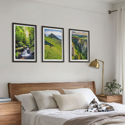 Set of 3 framed wall art pieces Green mountains waterfall forest