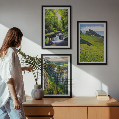 Set of 3 framed wall art pieces Green mountains waterfall forest