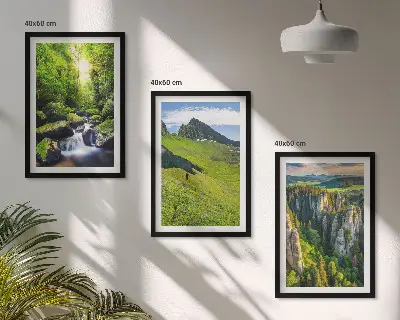 Set of 3 framed wall art pieces green mountains, waterfall, and forest theme