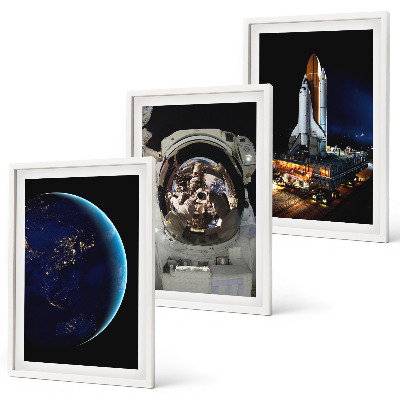 Set of 3 framed wall art pieces Space Earth astronaut rocket
