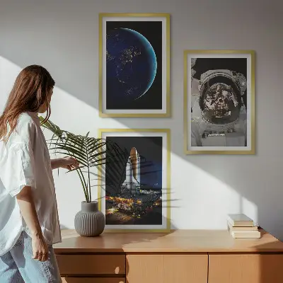 Space Earth astronaut rocket wall art set of 3 framed pieces