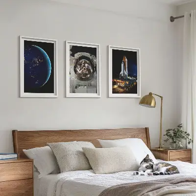 Space Earth astronaut rocket wall art set of 3 framed pieces