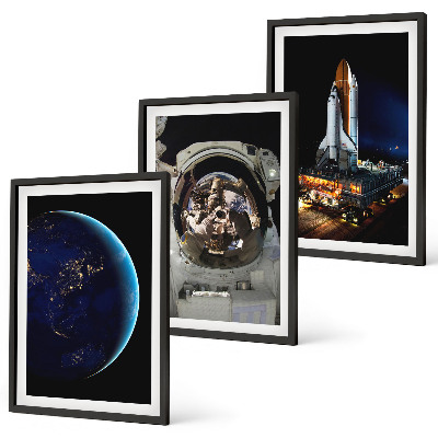 Set of 3 framed wall art pieces Space Earth astronaut rocket