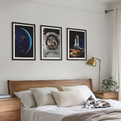Set of 3 framed wall art pieces Space Earth astronaut rocket