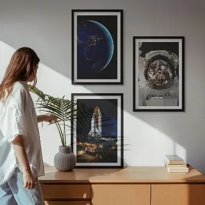 Space Earth astronaut rocket wall art set of 3 framed pieces