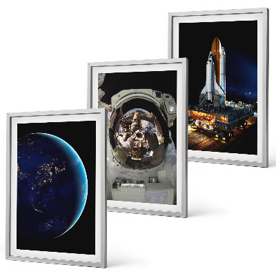 Set of 3 framed wall art pieces Space Earth astronaut rocket