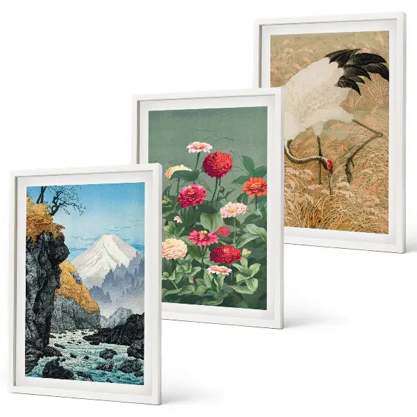 Set of 3 framed wall art pieces featuring a mountain landscape with a river, flowers, and cranes