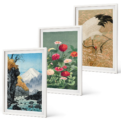 Set of 3 framed wall art pieces Mountains landscape river flowers cranes