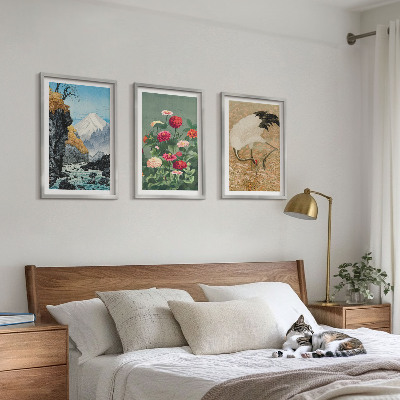 Set of 3 framed wall art pieces Mountains landscape river flowers cranes