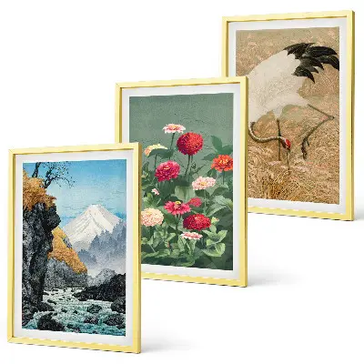 Set of 3 framed wall art pieces featuring a mountain landscape with a river, flowers, and cranes