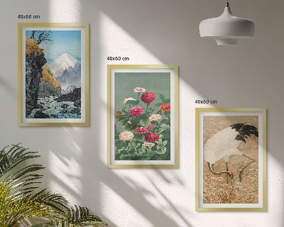 Set of 3 framed wall art pieces Mountains landscape river flowers cranes