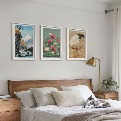 Set of 3 framed wall art pieces Mountains landscape river flowers cranes