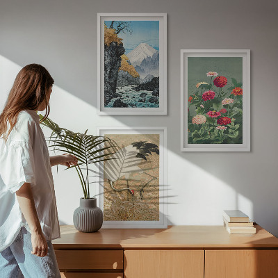 Set of 3 framed wall art pieces Mountains landscape river flowers cranes
