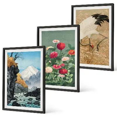 Set of 3 framed wall art pieces featuring a mountain landscape with a river, flowers, and cranes