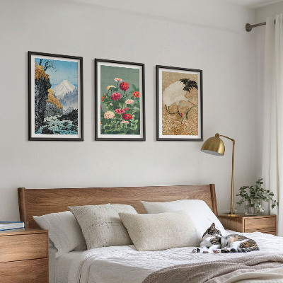 Set of 3 framed wall art pieces Mountains landscape river flowers cranes