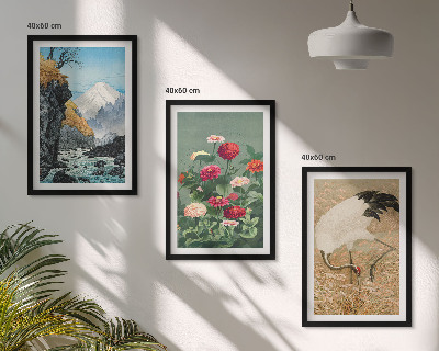 Set of 3 framed wall art pieces Mountains landscape river flowers cranes