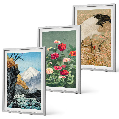 Set of 3 framed wall art pieces Mountains landscape river flowers cranes