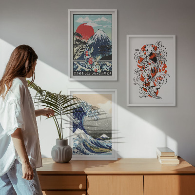 Three-piece wall art piece Mountains of fish Great Wave Japan