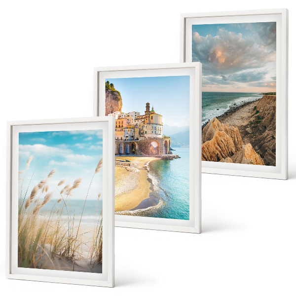 Set of 3 framed wall art pieces Landscapes beach cliffs city
