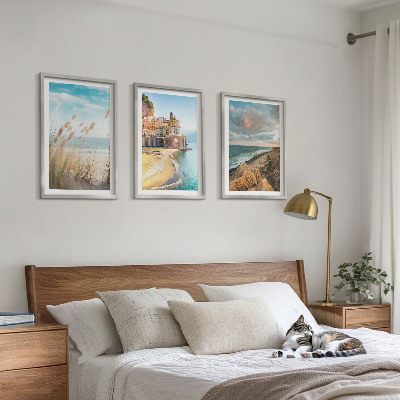 Set of 3 framed wall art pieces Landscapes beach cliffs city