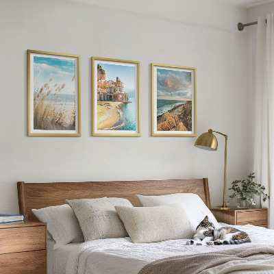 Set of 3 framed wall art pieces Landscapes beach cliffs city