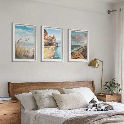 Set of 3 framed wall art pieces Landscapes beach cliffs city