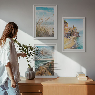 Set of 3 framed wall art pieces Landscapes beach cliffs city